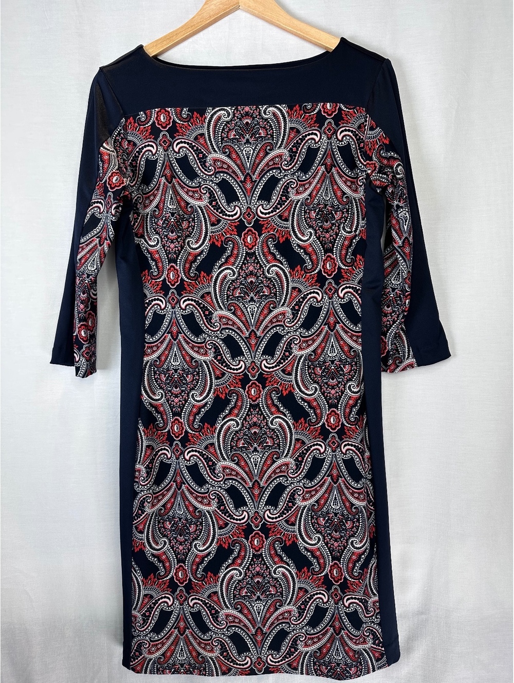 Ann Taylor size Small Navy Red Paisley 3/4 Sleeve Shift Dress